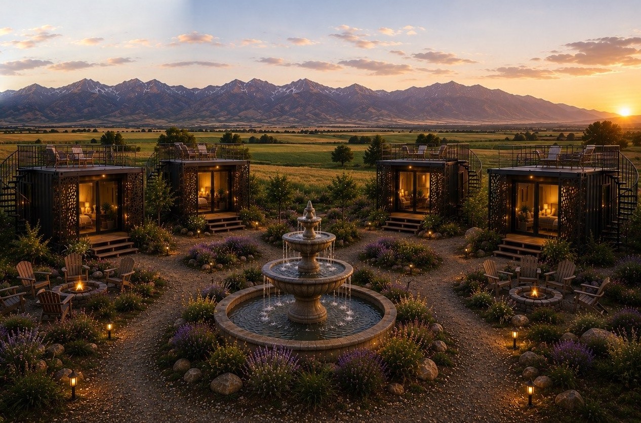 Modern cabins and fountain with mountain views at Blackfoot Lavender Retreat