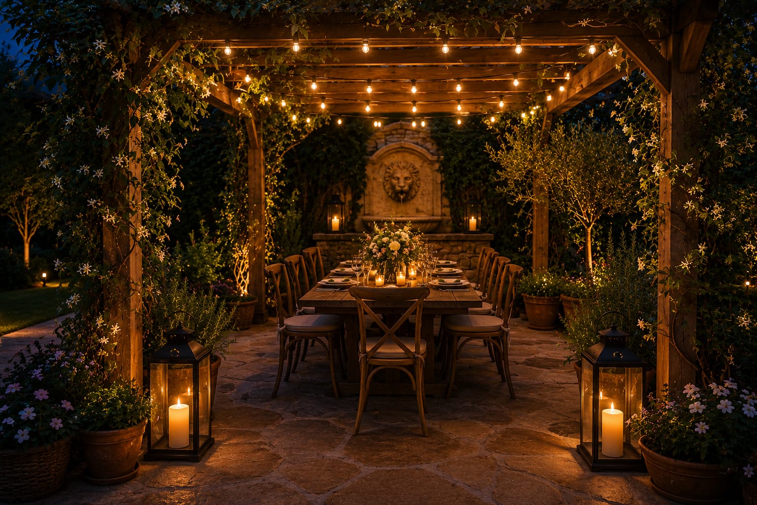 Evening outdoor dining pergola with string lights