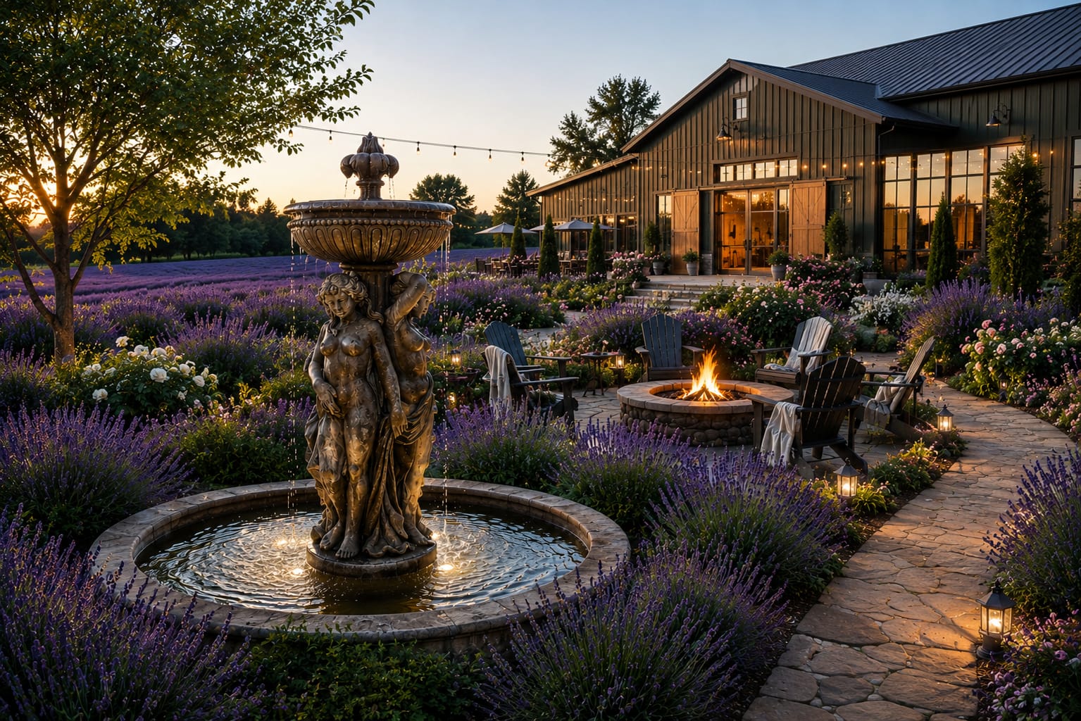 Fountain garden at golden hour