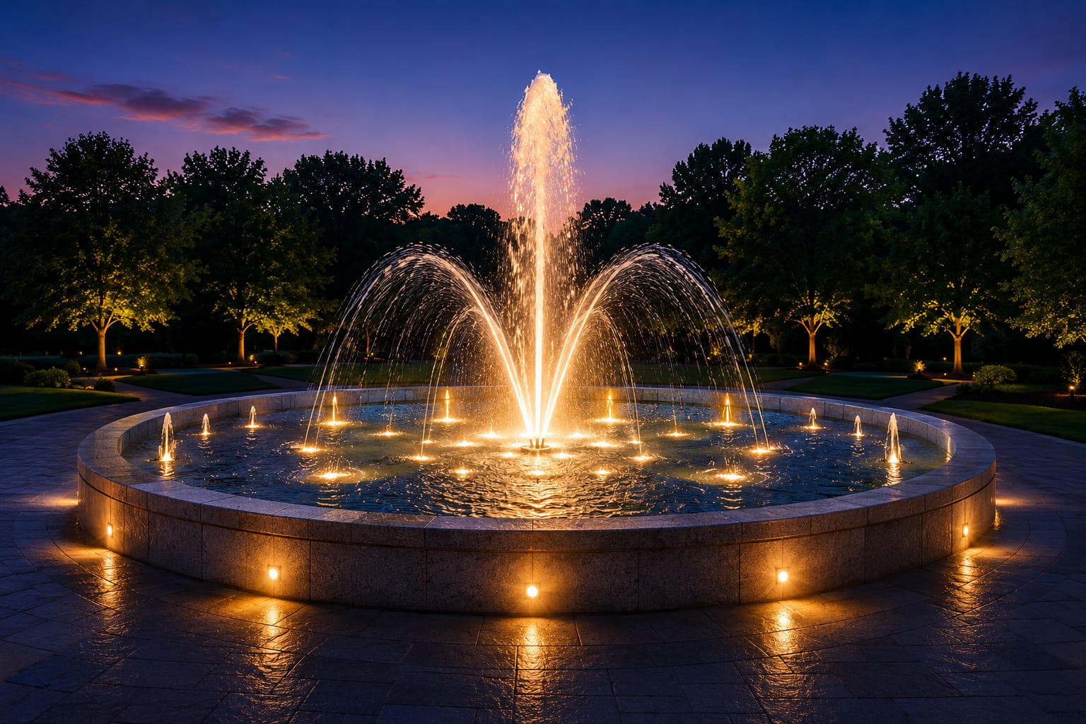 Illuminated fountain at night
