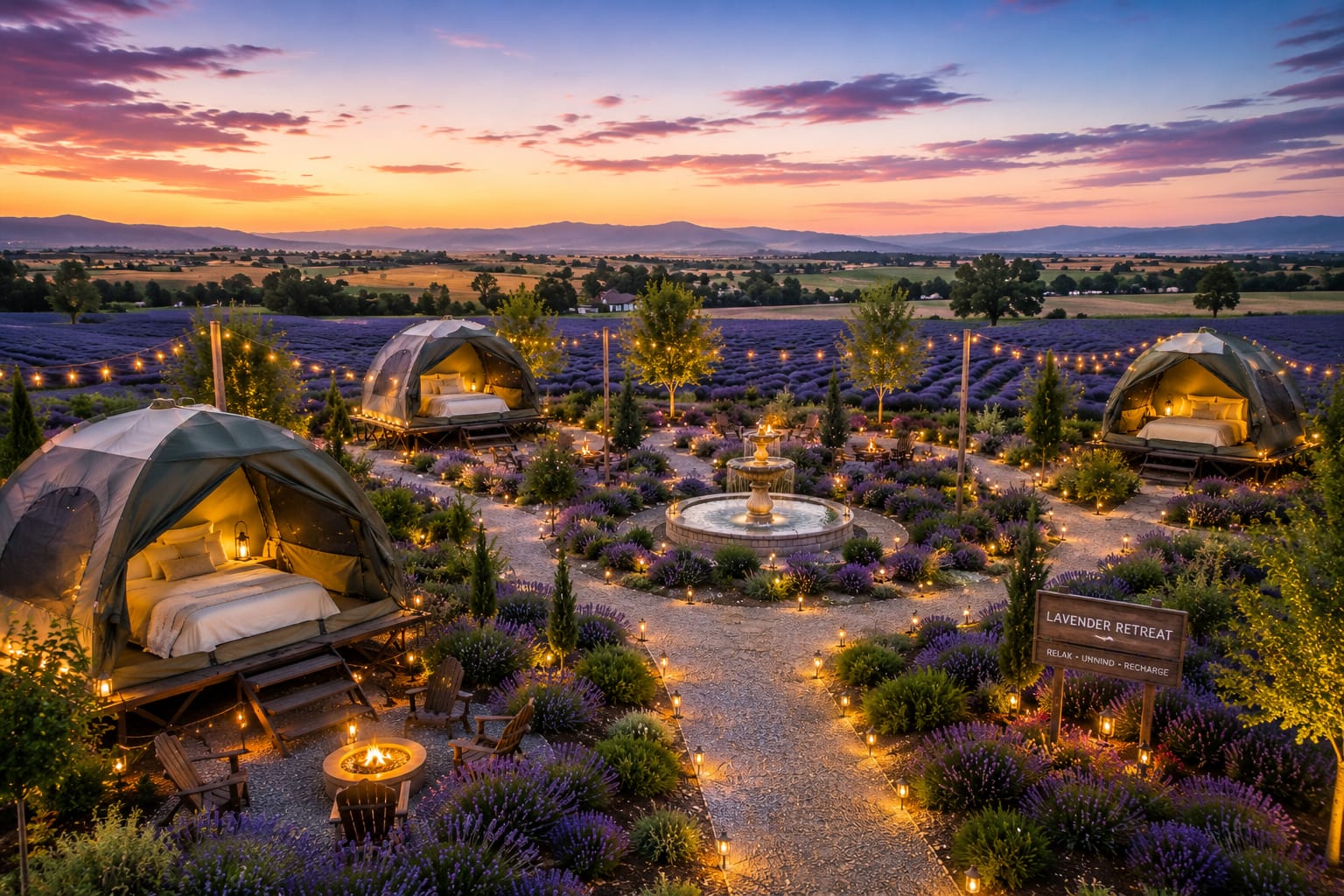 Glamping domes at dusk