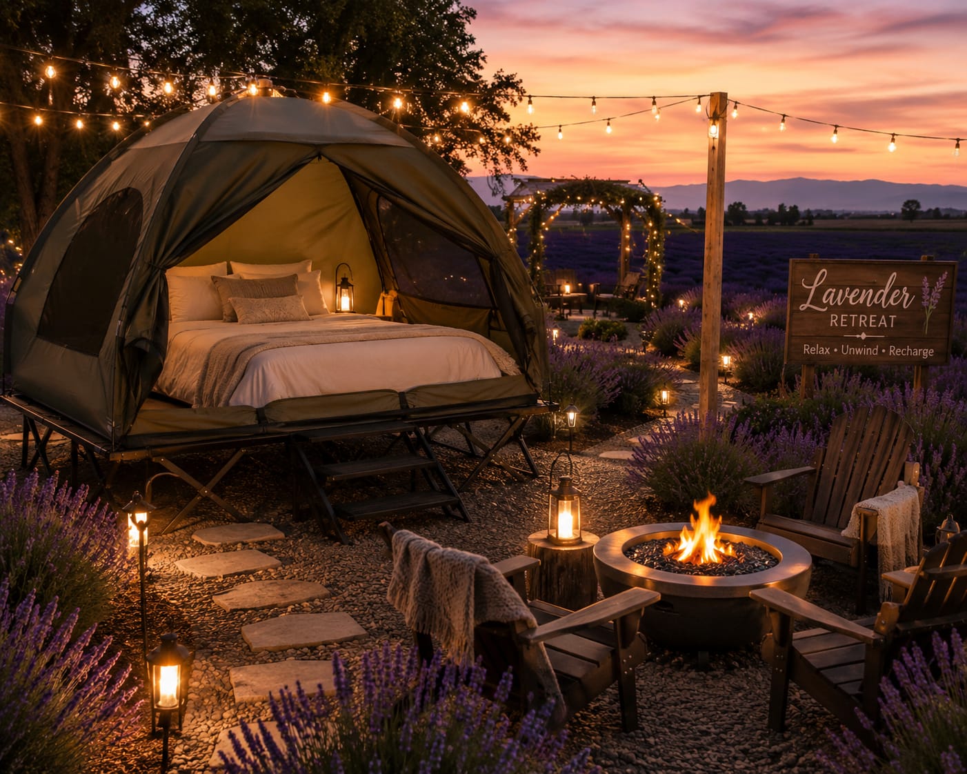 Glamping tent with Lavender Retreat sign
