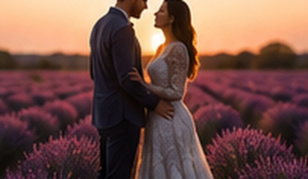 Couple in lavender field at sunset